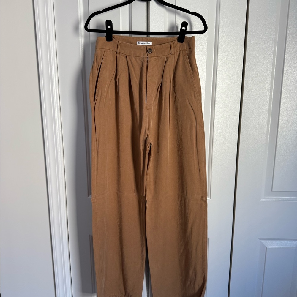 Reformation Tan Pleated Trousers